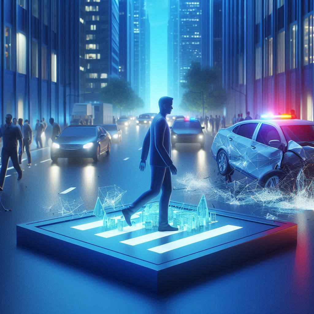 3D illustration of a pedestrian in a traffic accident on a central platform with a blue background (1) accidente peatón