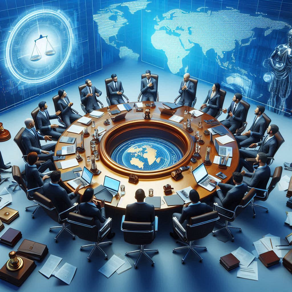 3D illustration of a round table with many lawyers discussing a law firm representing accident and insurance victims