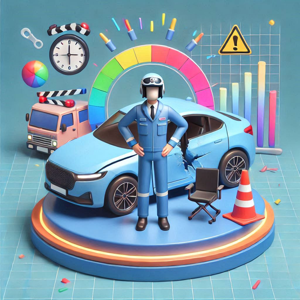 3D illustration of a person who suffered an accident as a co-pilot in a car with a blue background and cheerful colors in the middle of a central platform accidente como acompañante