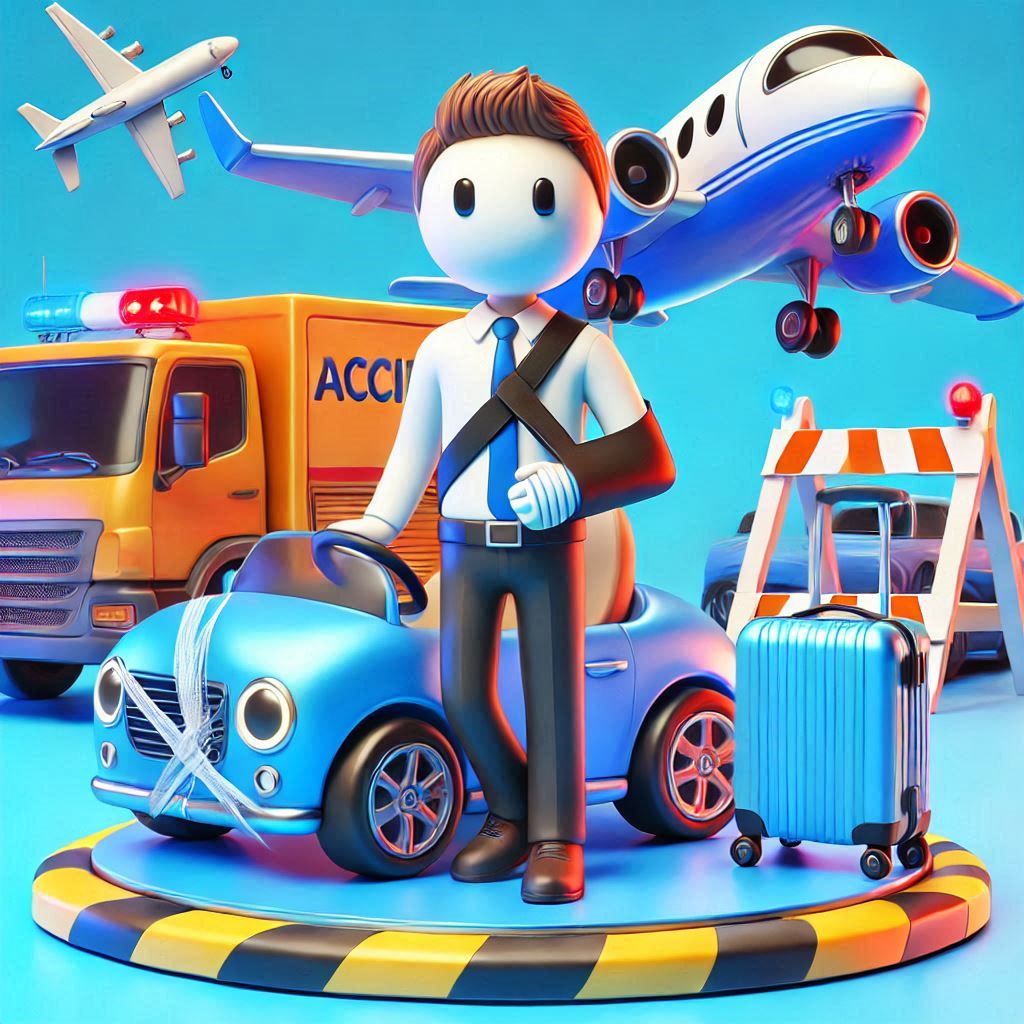 3D illustration of a person who suffered an accident as a co-pilot with a blue background and cheerful colors in the middle of a central platform Accidentes como Peatòn