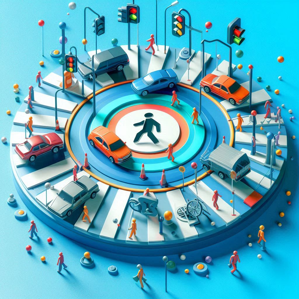3D minimalistic illustration of a pedestrian in a traffic accident on a central circular platform with a blue background with many colors accidente peatón